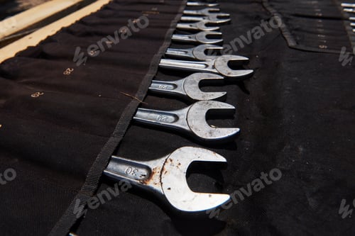 Preview: Set mechanical tools. Professional car mechanic using different tools for working