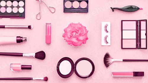 Preview: Beauty cosmetics makeup product flying geometry minimal. Woman make up collection falling on pastel