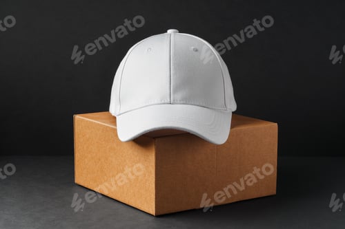 Preview: White Baseball Cap Beside Cardboard Box