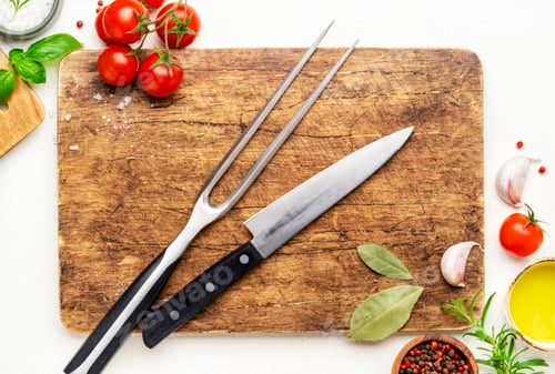 Preview: Food and cooking background, spices, herbs and knife with meat fork