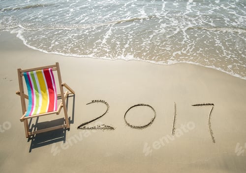 Preview: 2017 Written In Sand Write On Tropical Beach With Deck Chair.
