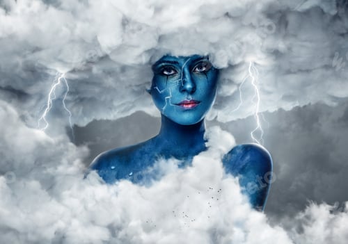 Preview: Female with blue skin in an arch of white clouds.