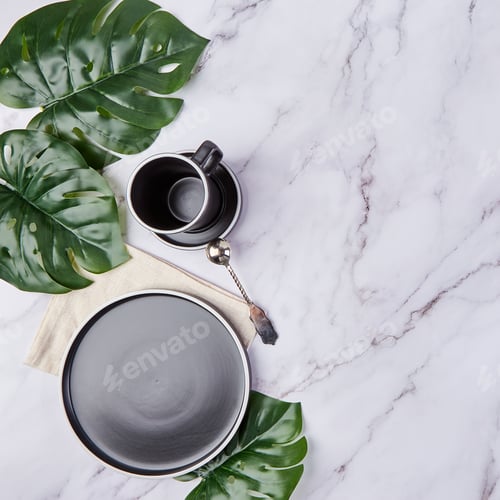 Preview: Set of modern trendy plates and coffee cup. Minimalistic Flat lay with tableware.