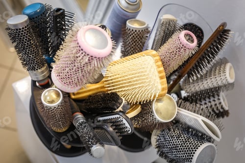 Preview: set of various combs in a modern hairdresser barbershop