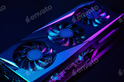 Preview: Modern gaming graphics card illuminated by neon lights