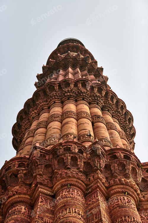 Preview: Qutb Minar minaret tower part Qutb complex in South Delhi, India, big red sandstone minaret tower