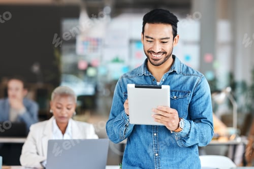 Preview: Tablet, agency and web developer working or employee happy for startup programming on a website, we