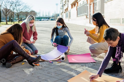 Preview: Multicultural group preparing together feminist movement womens international day 8m