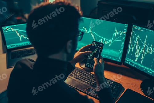 Preview: Trading Under the Stars Close-Up of a Man Analyzing Financial Data on a Smartphone Screen