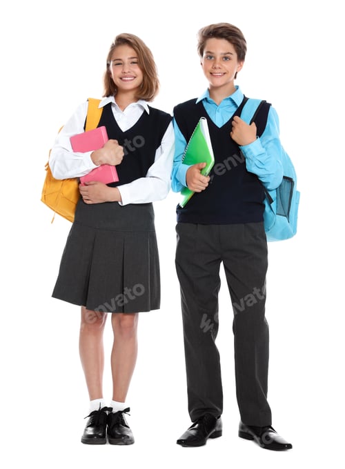 Preview: Happy pupils in school uniform on white background
