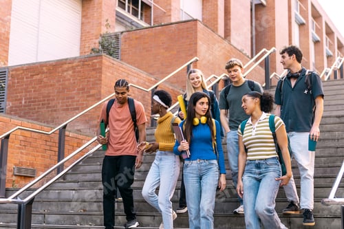 Preview: Diverse group of students walking down campus stairs