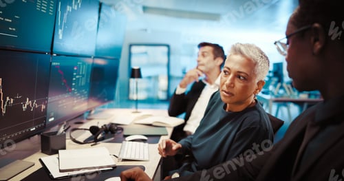 Preview: Computer screen, trading and business people in office, advice and internet with economy graphs. Em