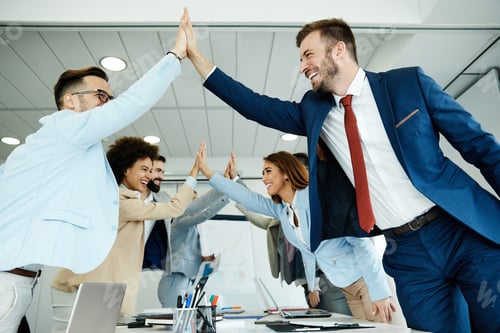 Preview: young business people meeting office teamwork group success corporate high five together unity