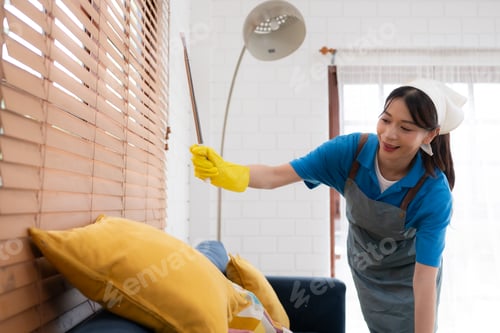 Preview: Young women cleaning maid in uniform are cleaning the living room at home.
