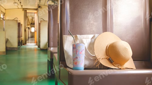 Preview: Straw hat with tote bag and tumbler placed on vintage train seat, capturing a relaxing travel moment