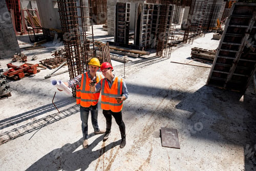 Preview: Structural engineer and architect dressed in orange work vests and hard bats discuss the