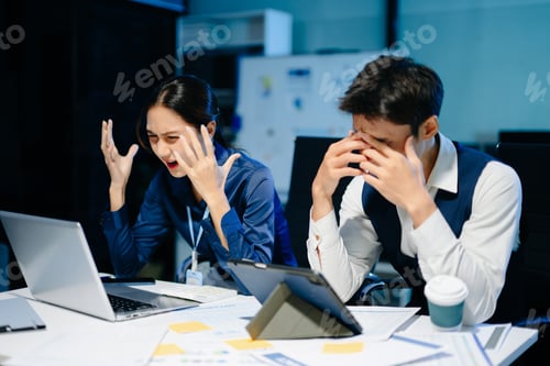 Preview: Asian business colleagues feeling stress and exhaustion from workload, overworked team facing