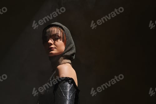 Preview: Elegant woman embodies castle core fashion in a mystical setting with dramatic lighting
