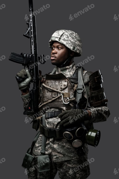 Preview: Black army soldier with rifle isolated on dark gray background