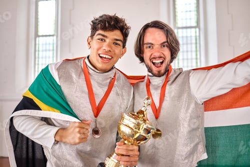 Preview: South Africa flag, fencing and men with trophy for winning competition, challenge and sports match.
