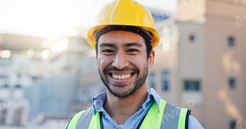 Preview: Architect, rooftop and man portrait with architecture and urban planning with success and project o
