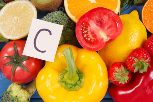 Preview: Fruits and vegetables containing vitamin C and natural minerals, healthy nutrition concept