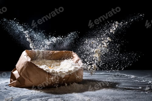 Preview: Flour Exploding from Brown Paper Bag on Table