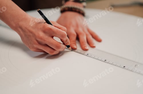 Preview: Designer drawing straight line with pencil and ruler on white paper