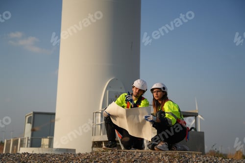 Preview: Sustainable energy industry - Engineers working at alternative renewable wind energy farm