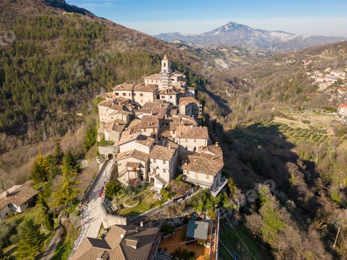 Preview: Aerial view of the historic Castle Trosino and nearby cliffs in Ascoli Piceno, Marche, Italy