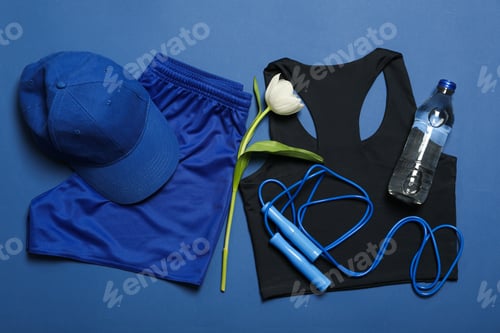 Preview: Sportswear and accessories, with flowers, on a blue background.