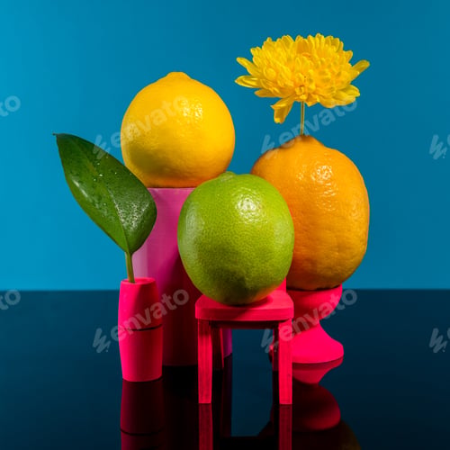 Preview: Composition with two lemons and lime on a blue background