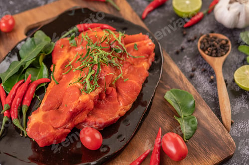Preview: Marinated pork used in cooking, complete with chili peppers Kaffir lime leaves in a black plate