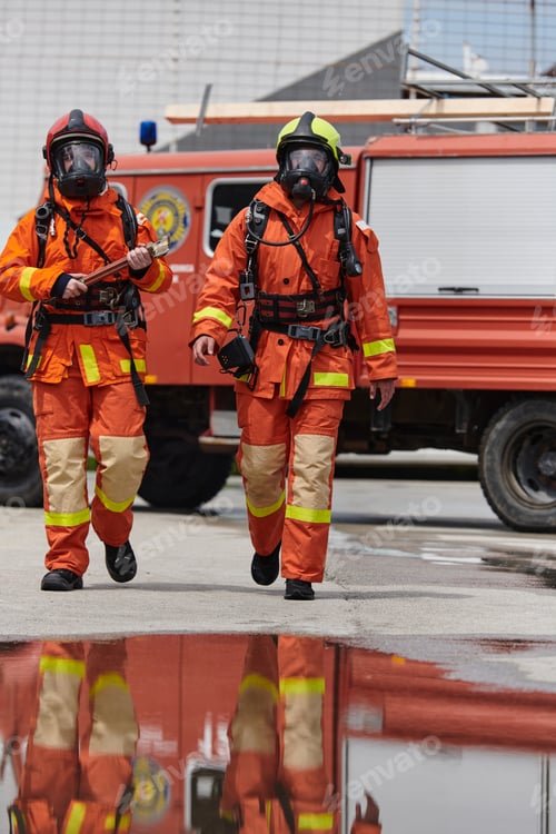 Preview: A team of confident and accomplished firefighters strides purposefully in their uniforms, exuding