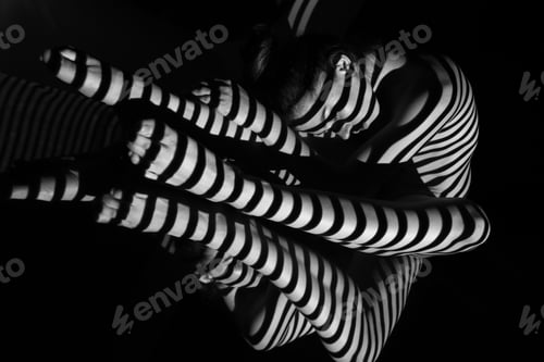 Preview: The Nude Woman And Her Reflection With Black And White Zebra Stripes. Black-And-White Photo Created
