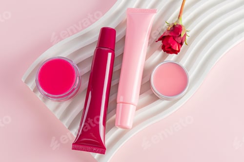 Preview: A set of cosmetic packaging with several types of balm, lip gloss on a wavy catwalk. top view.