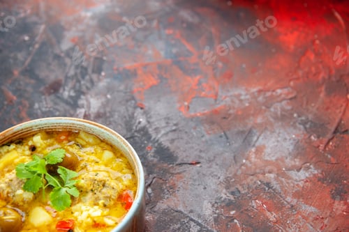 Preview: front view delicious meat soup with potatoes and rice inside little plate on dark surface dinner