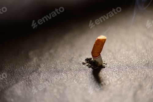 Preview: Lit cigarette butt with smoke on the ground
