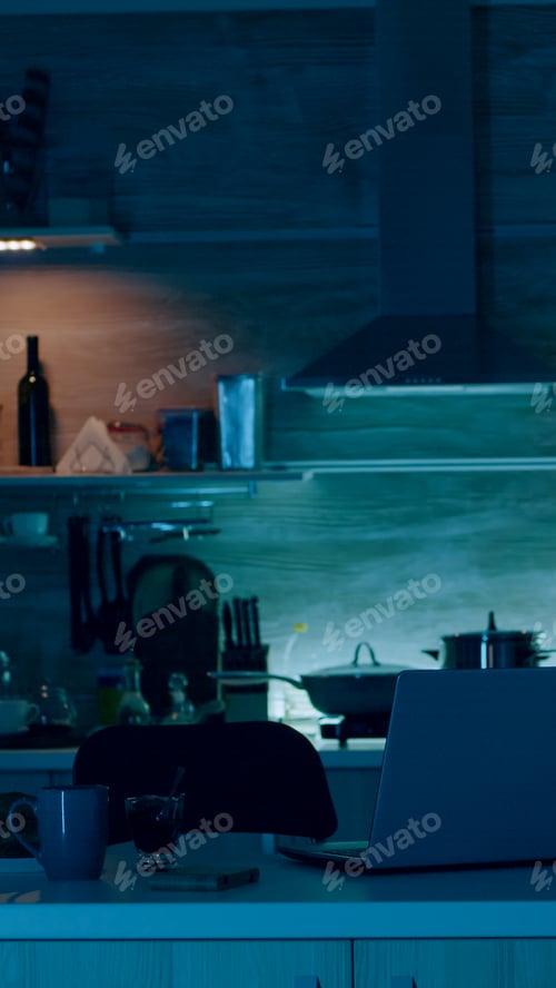 Preview: Young person coming in kitchen holding mobile giving voice command