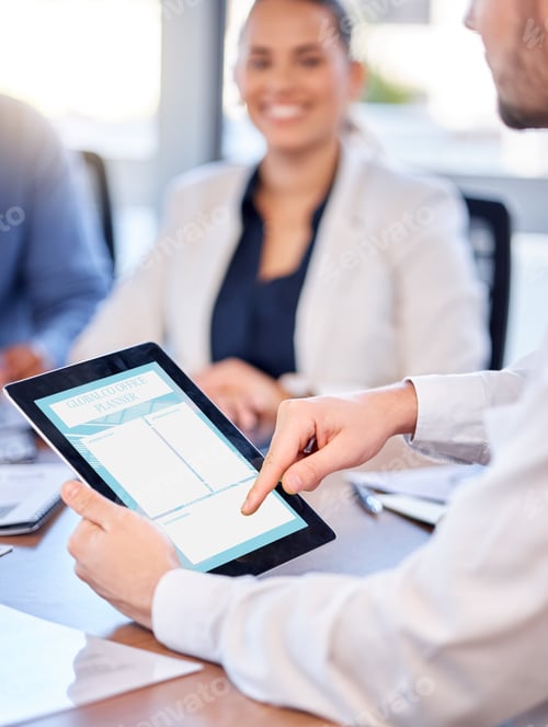 Preview: Business man, hands and tablet in meeting for schedule planning, notes or minutes in collaboration.