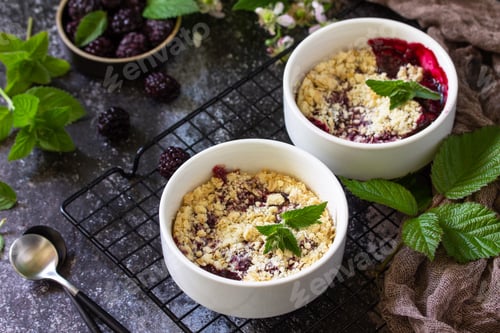 Preview: Homemade summer dessert. Blackberry crumble in baking dish on a stone countertop.