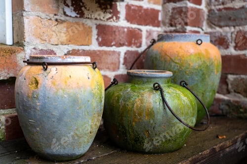 Preview: terracotta pots covered in moss/ Selective focus of green moss growing on 3 old terracotta pots