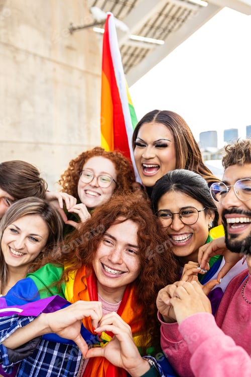 Preview: Diverse young people having fun together celebrating gay pride festival day