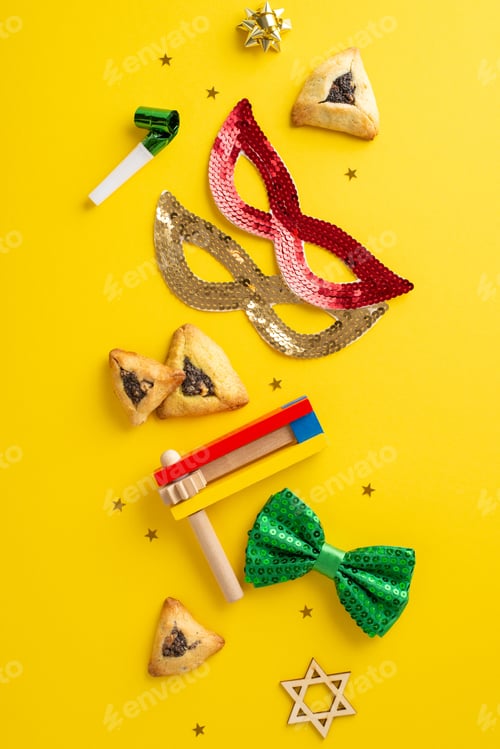 Preview: Festive Purim layout: Top view vertical shot showcasing triangular cookies, Star of David emblem
