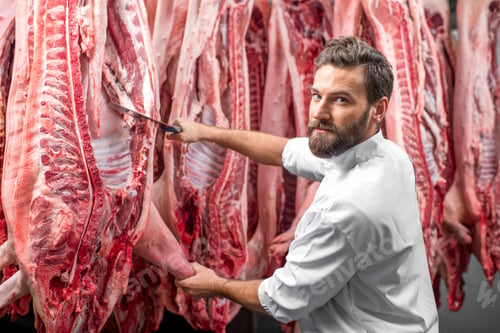 Preview: Butcher cutting pork at the manufacturing