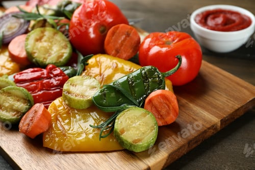 Preview: Delicious grilled vegetables with rosemary on wooden board, closeup