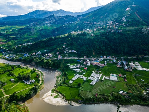 Preview: Aerial view of green paddy farmland in Nepal.