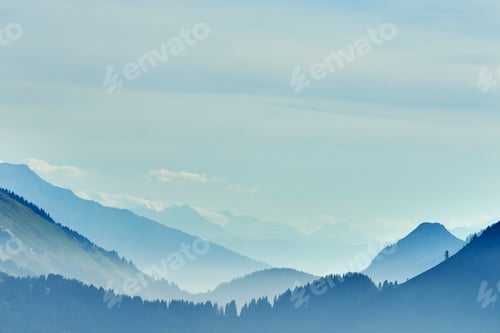 Preview: Mist over mountain ranges, Manigod, Rhone-Alpes, France