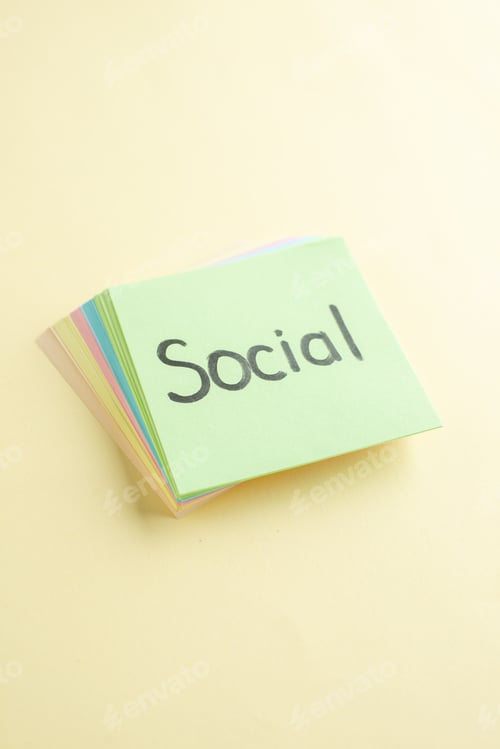 Preview: front view social written note along with colorful little paper notes on light background copybook