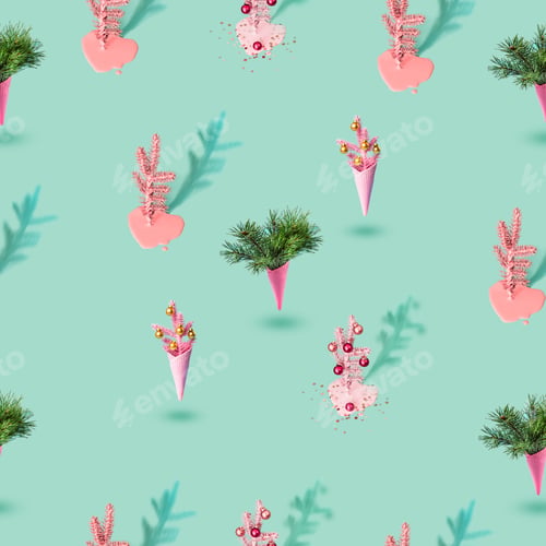 Preview: Modern christmas seamless texture with pink christmas tree, ice cream cones and shadow pattern